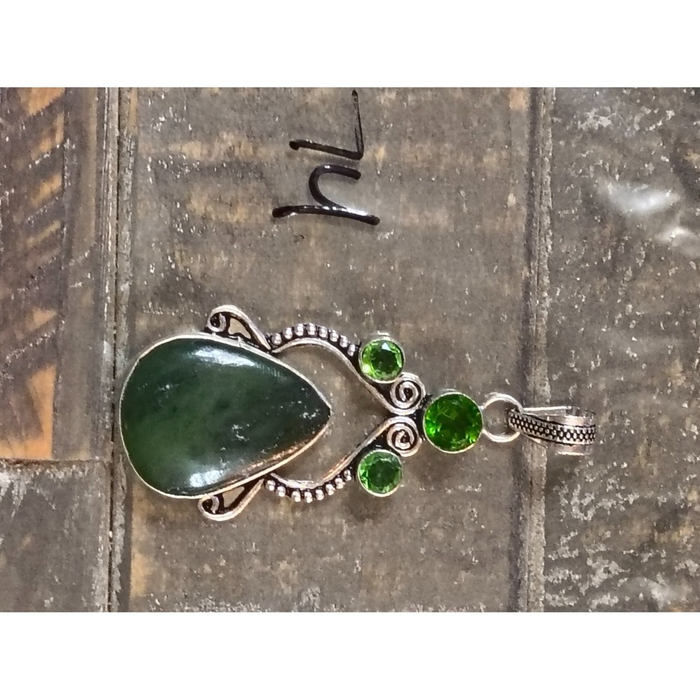 925 Sterling Silver Green Jade Peridot Teardrop Pendant Artisan Boho 1.75